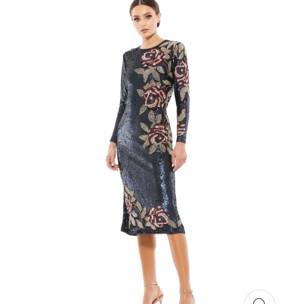 NWT Mac Duggal Navy Sequined Floral Long Sleeve Midi Dress